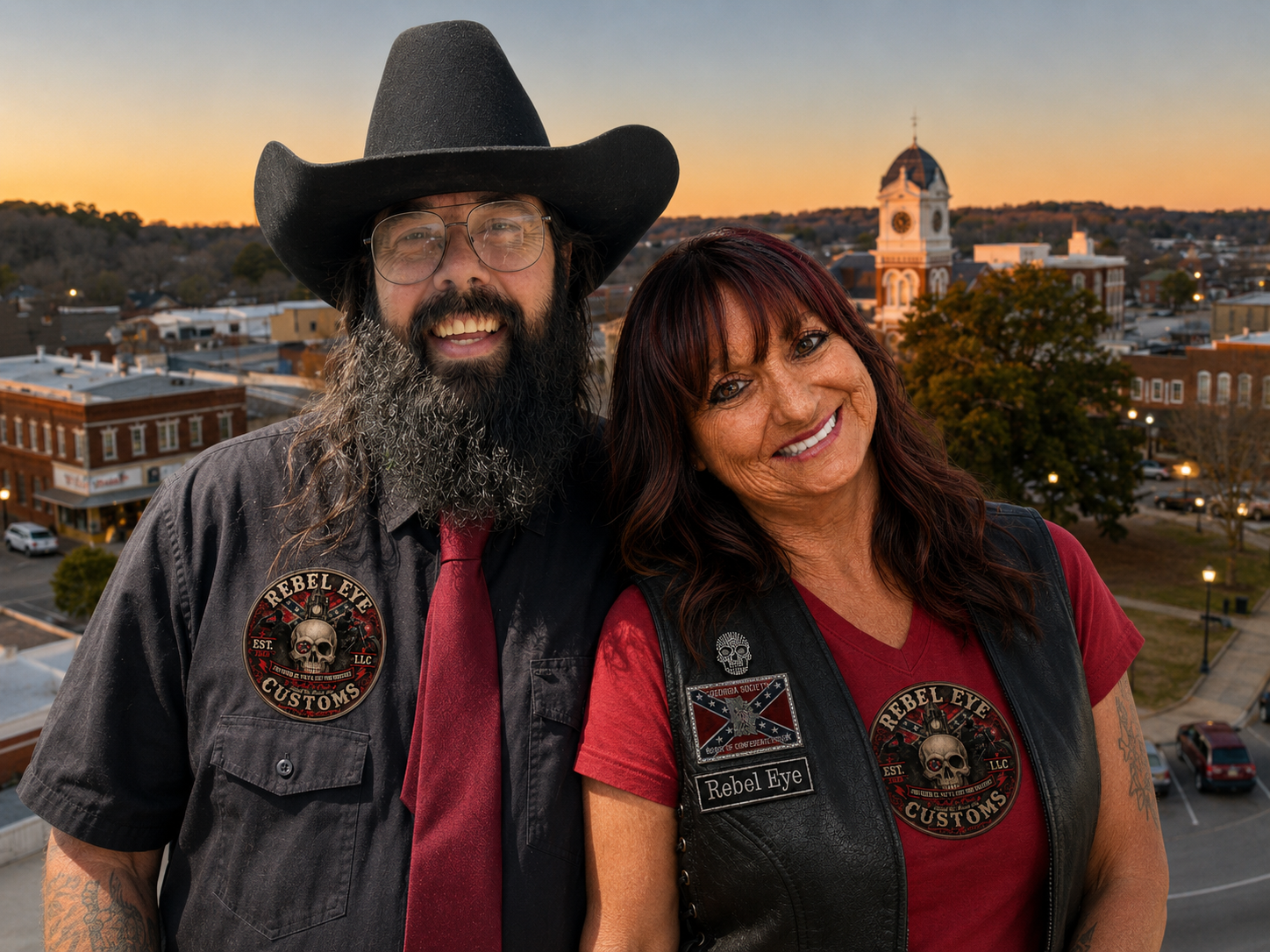 The founders of Rebel Eye Customs wearing branded apparel